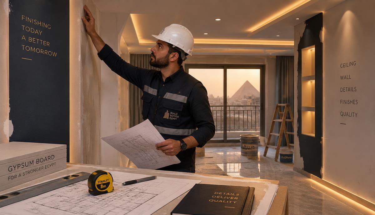 Finishing engineer supervising interior finishing works inside an apartment under execution in Fayoum