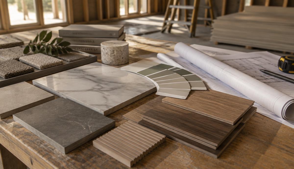 Various finishing material samples displayed for comparison before choosing the best option for a Fayoum project