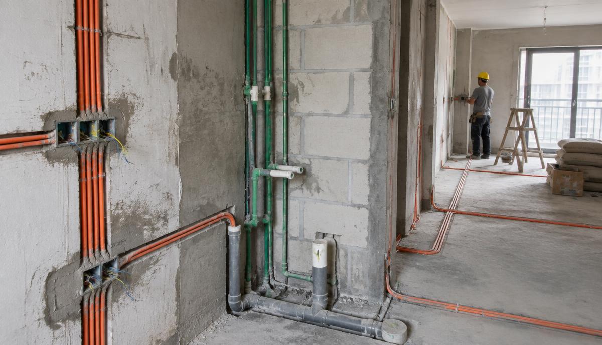 Electrical and plumbing rough-in installed inside apartment walls before plastering in a Fayoum project
